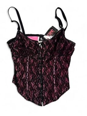 Women’s Y2K Hot Topic Hot Pink and Black Lace Tie Front Spaghetti Strap Corset S